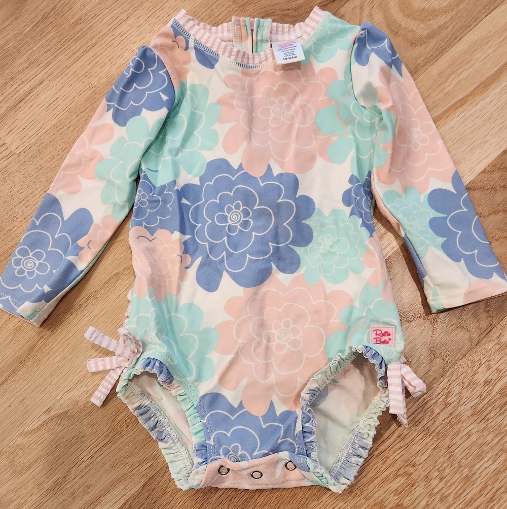 Ruffle Butts Floral Long Sleeve One Piece - Pastel Blue, Pink, and Green